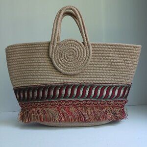 Soft Natural Rope Satchel Tote Bag Rich Circular Handle Embroidery & Fringe